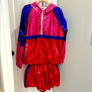 QUEEN OF SPARKLES Pink and Blue Sequin Windbreaker Jacket & Shorts Set